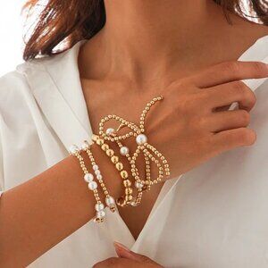 NEW 5pc set Boho Chunky Gold Beaded Bracelet Set Coquette Bow with Pearls